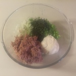 onion, celery, tuna, miracle whip, and lemon juice in a glass bowl